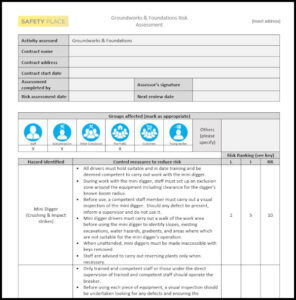 An image of a Groundworks Risk Assessment Template overlaid with text stating Groundworks Risk Assessment Template