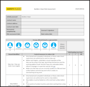 A sample of our builder's clean risk assessment template