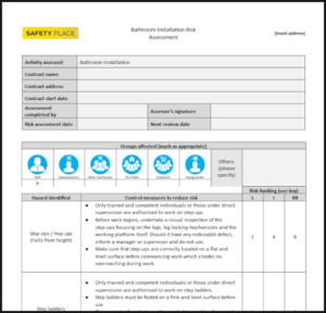 An sample of our Bathroom Installation Risk Assessment Template