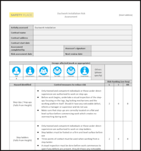 A sample of our Ductwork Installation Risk Assessment